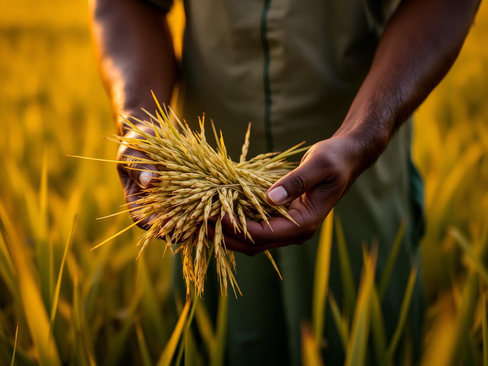 Farmer holding rice stalks