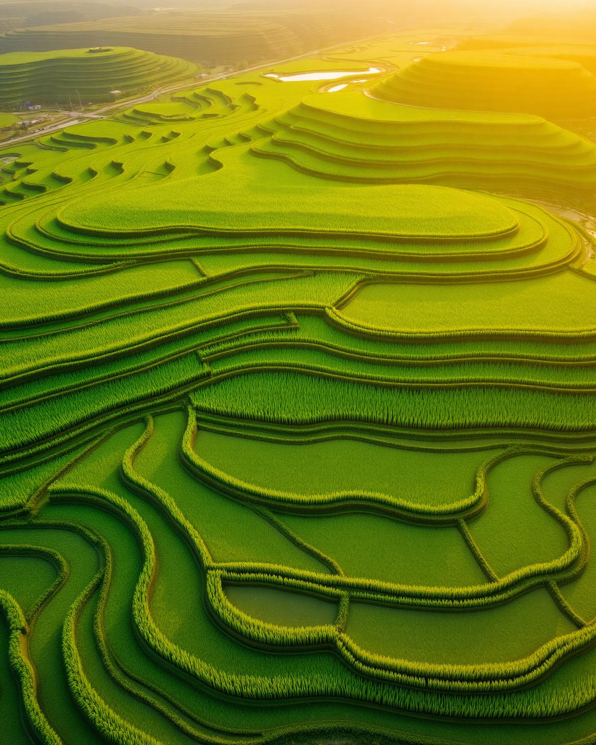 Aerial view of terraced rice paddy fields