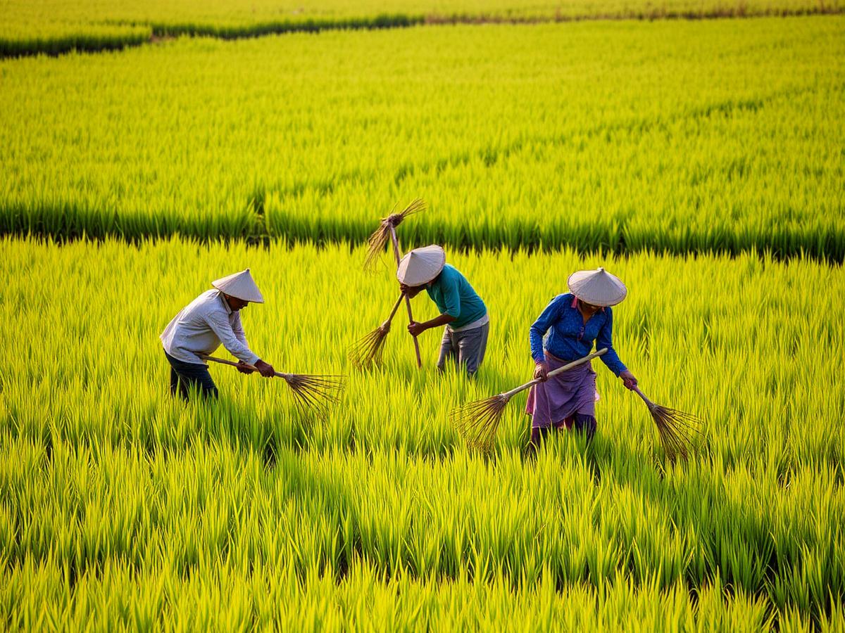 Workers harvesting paddy rice
