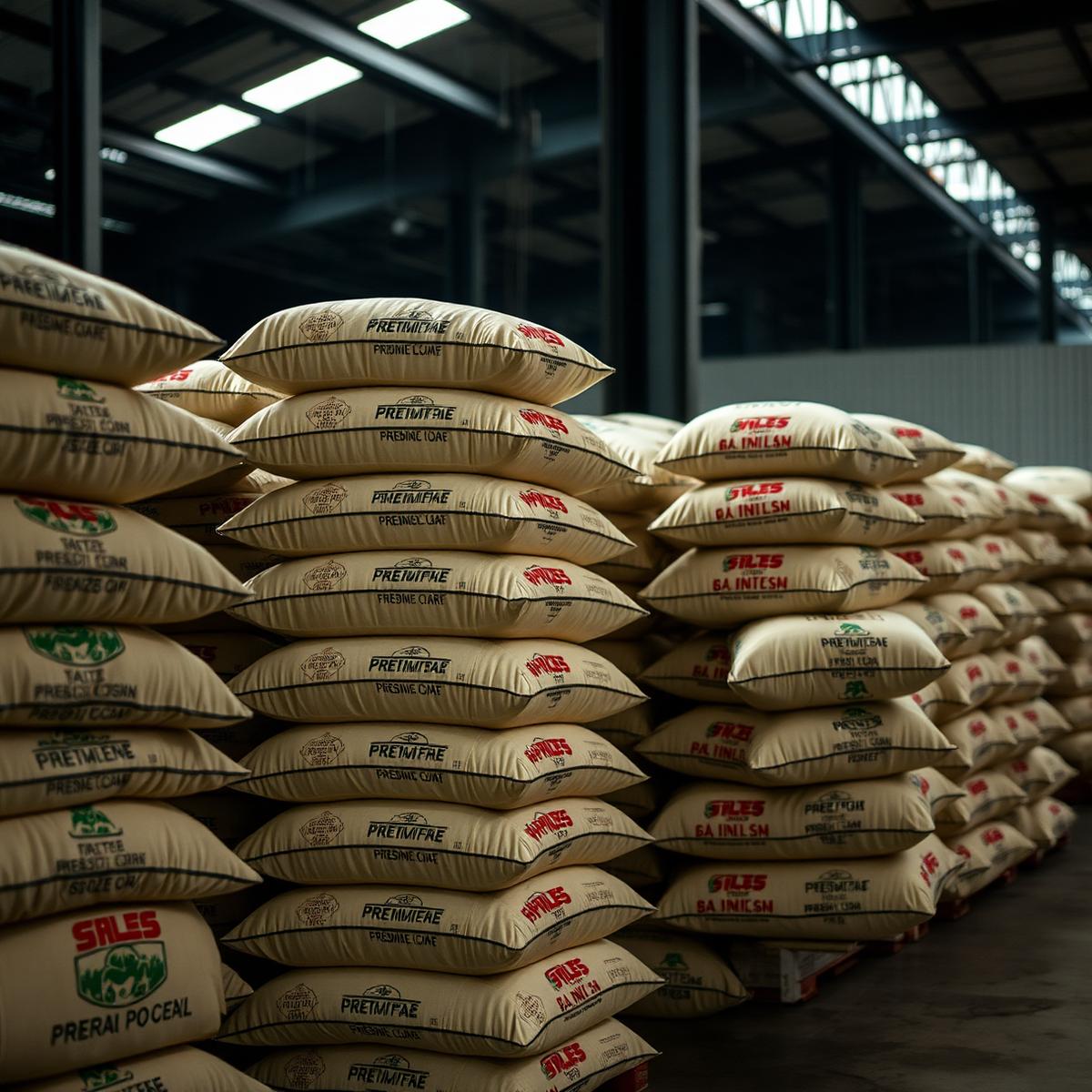 Warehouse with stacked rice bags