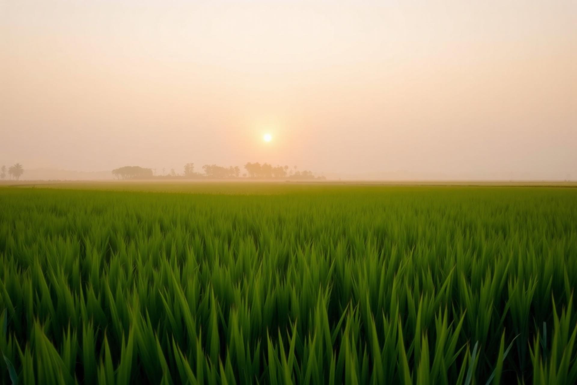 Lush green paddy rice fields at golden hour